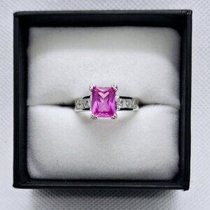 Hot Pink Cubic Zirconia Silver Tone Statement Ring Size 8